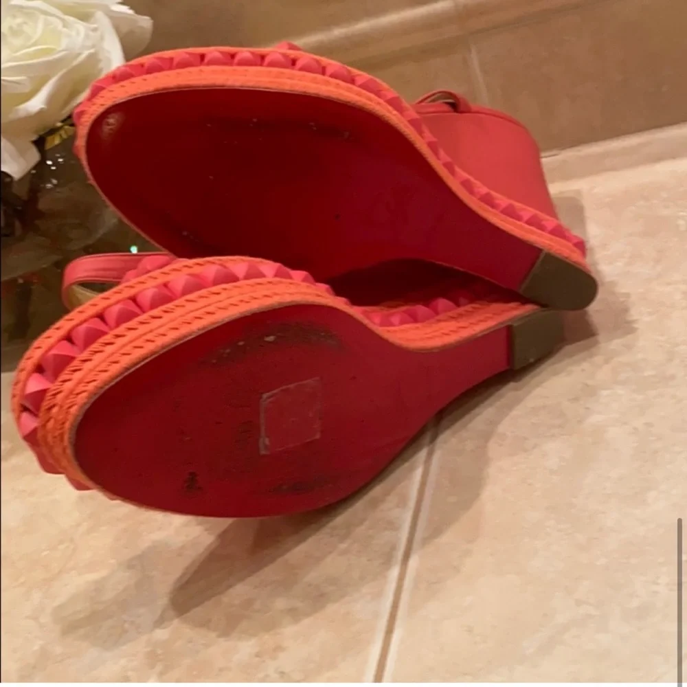 Christian Louboutin Pink and Orange Studded Espadrille Wedge Sandals